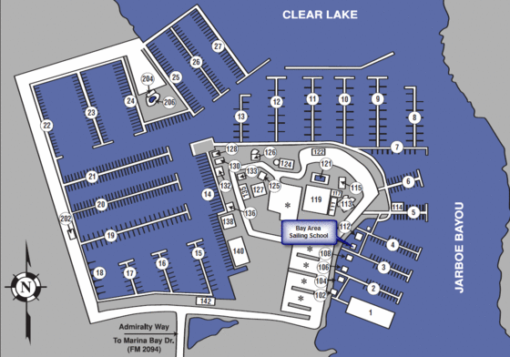 Map of Watergate Yachting Center showing the location of Sackett's Sailing Center